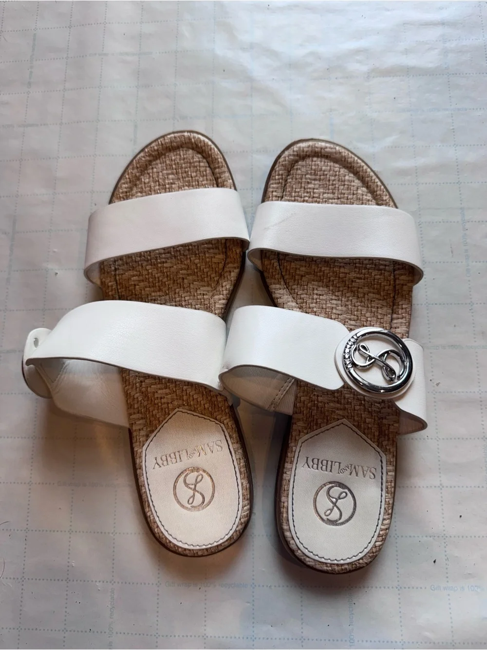 Sam & Libby White Double-Strap Slide Sandals with Silver-Tone Logo
